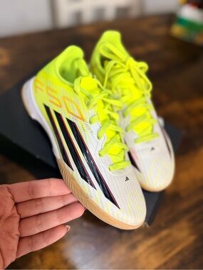 adidas Kids Bright Yellow Indoor Soccer Sneakers with Black Stripes